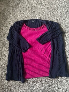 3/$10 Croft and Barrow Women's Pink Striped Tee withe Navy Cardigan Layer